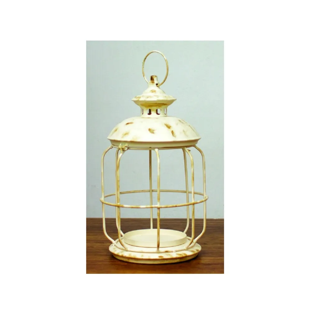 13″ Rustic White Short Round Galvanized Cage Lantern