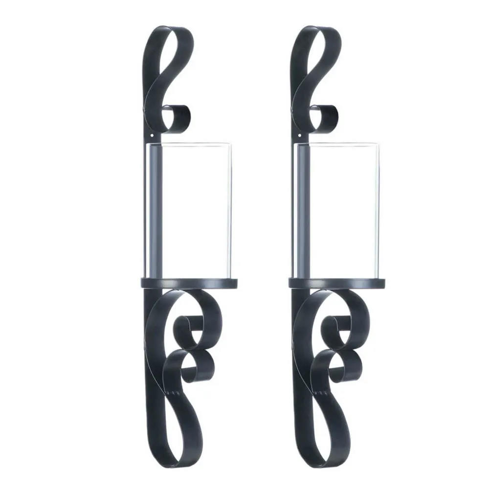 Set of 2 Black and Clear Ornate Candle Wall Sconces 16.25″