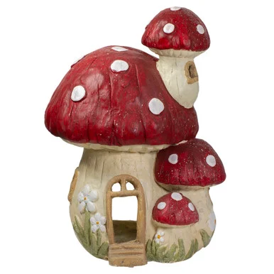 Enchanting 18″ Red and Beige Mushroom House Garden Statue – Whimsical Outdoor Décor