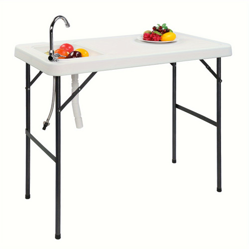 Outdoor Folding Portable Camping Table with Sink Faucet, Lightweight PVC Material, Compact Design for Camping & Picnics, Easy Assembly, Includes Drainage System, 23.23 x 37.20 x 45.28 Inches