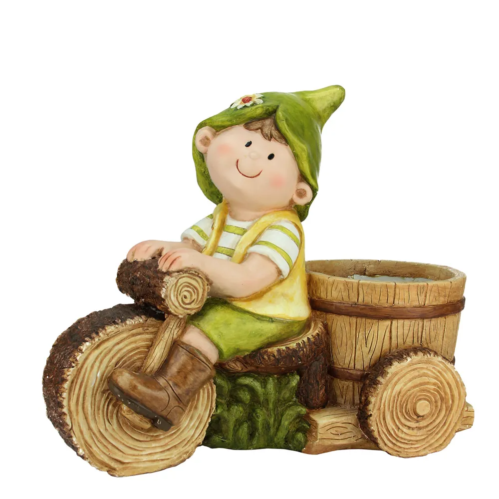 16.25″ Young Boy Gnome Riding Bicycle with Flower Pot Outdoor Garden Patio Planter