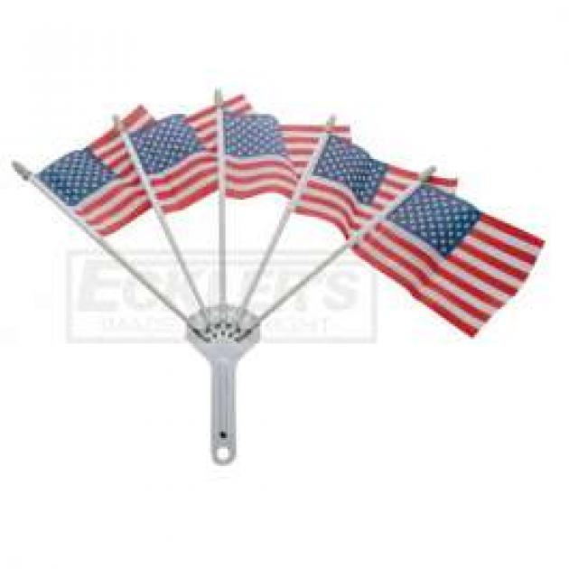Full Size Chevy Chrome Flag Holder, With Five American Flags, 1958-1984