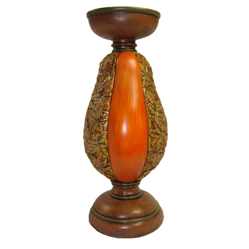 10″ Rustic Pumpkin and Glittery Autumn Leaf Pillar Candle Holder