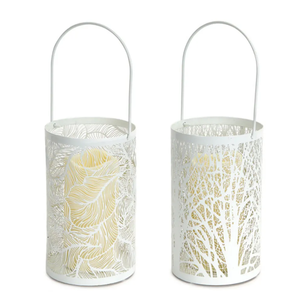 Pack of 4 White Tree and Leaf Cutout Round Candle Lanterns with LED Candles 8″