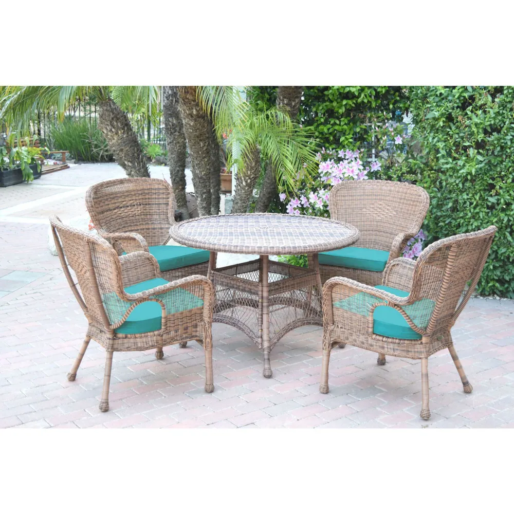 5-Piece Brown Outdoor Furniture Patio Dining Set – Turquoise Blue Cushions