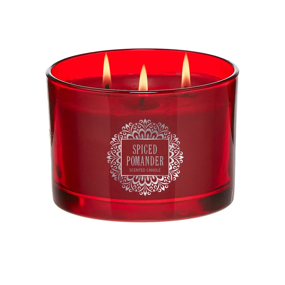 Pack of 2 Crimson Red Spiced Pomander Scented 3-Wick Wax Christmas Candles in Glass Jars – 16 oz.
