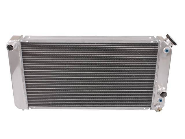 Radiator, Aluminum, Champion, Natural finish, 3 row w/ transmission cooler, 14 3/4 inch x 26 1/4 inch x 2 inch thick core dimensions, 18 inch x 32 inch overall dimensions, 1 3/8 inch LH inlet, 1 3/4 inch RH outlet, pin-style mount