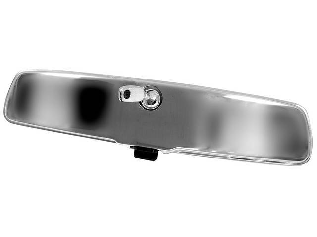 MIRROR, Rear View, Inside, Day / Night, 10 inch length, polished stainless steel w/ black flip knob, no rubber trim, repro