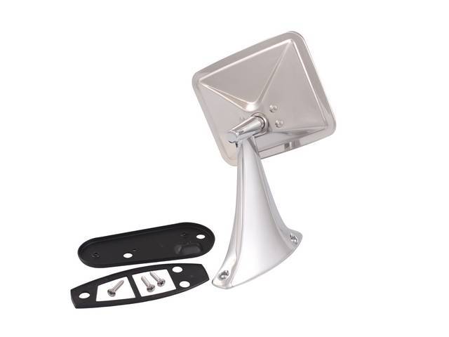 Outside Rear View Mirror, LH, rectangular head, incl gasket, mounting plate and screws, reproduction
