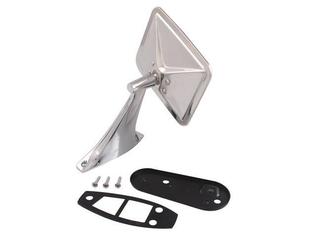 Outside Rear View Mirror, RH, rectangular head, incl gasket, mounting plate and screws, reproduction