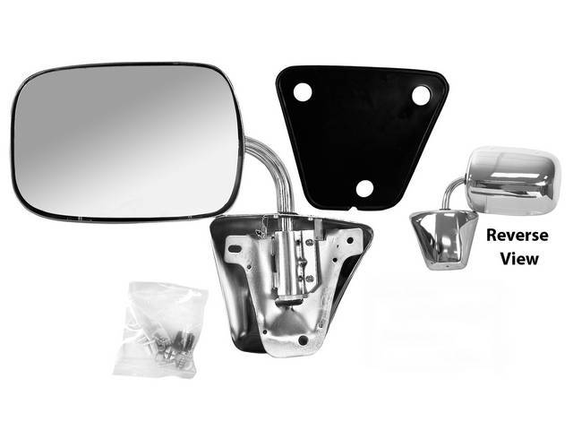 Outside Rear View Mirror, rectangular head, chrome steel, incl arm, gasket, mounting plate and hardware, repro