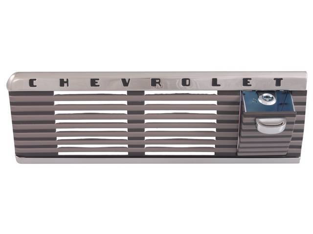 Dash Center Set, incl plainted center speaker grille, upper and lower stainless moldings (upper features *Chevrolet* in black lettering), and ash tray w/ chrome knob, reproduction