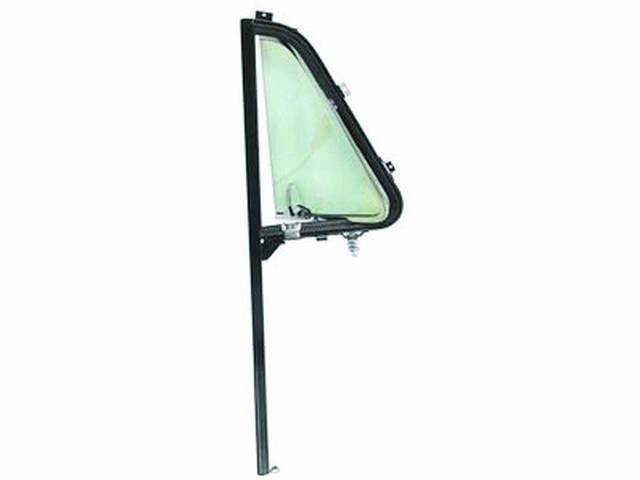 GLASS ASSY, Vent Window, clear glass w/o markings, LH, incl black painted outer vent frame and channel, chrome inner vent channel, glass w/ seal, chrome vent window handle, spring and stop assy, repro