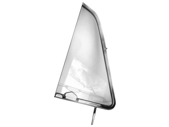 GLASS ASSY, Vent Window, clear glass w/o markings, RH, incl black painted outer vent frame and channel, chrome inner vent channel, glass w/ seal, chrome vent window handle, spring and stop assy, repro