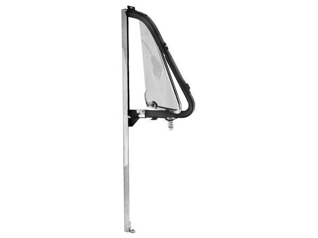 GLASS ASSY, Vent Window, clear glass w/o markings, LH, incl chrome inner and outer vent frame and channel, glass w/ seal, vent window handle, spring and stop assy, repro