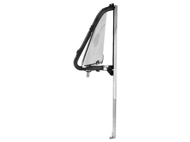 GLASS ASSY, Vent Window, clear glass w/o markings, RH, incl chrome inner and outer vent frame and channel, glass w/ seal, vent window handle, spring and stop assy, repro
