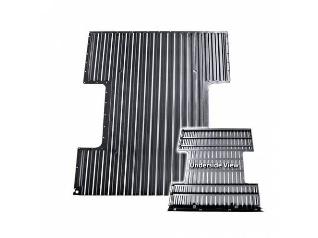 PANEL ASSY, Bed Floor, Complete w/ lower braces, 72 inches wide (at front and rear), 50 inches wide (between wheelhouses), 98 inches in length (front to rear length), 18 gauge EDP-coated steel, repro