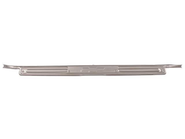 Scuff Plate / Door Sill Molding, RH or LH, w/ *Bowtie* emblem, stainless, incl screws, reproduction
