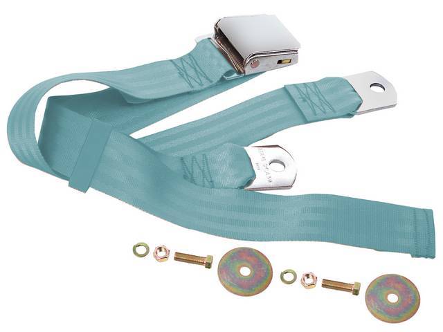 SEAT BELT, Lap, Classic Look, Light Blue belt w/ chrome lift latch buckle, 60 inch length, sold per seat, incl mounting hardware, does not work w/ 3-point or shoulder harness, replacement style lap belt, not OE exact