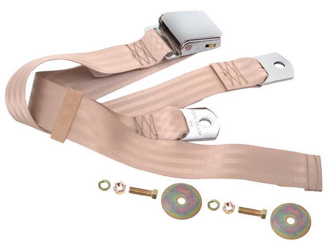 SEAT BELT, Lap, Classic Look, Light Tan belt w/ chrome lift latch buckle, 60 inch length, sold per seat, incl mounting hardware, does not work w/ 3-point or shoulder harness, replacement style lap belt, not OE exact