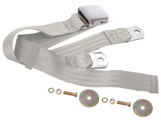 SEAT BELT, Lap, Classic Look, Light Gray belt w/ chrome lift latch buckle, 60 inch length, sold per seat, incl mounting hardware, does not work w/ 3-point or shoulder harness, replacement style lap belt, not OE exact