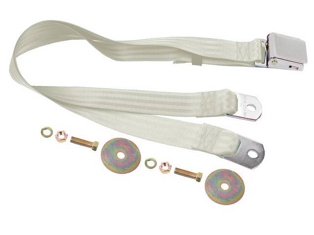 SEAT BELT, Lap, Classic Look, White belt w/ chrome lift latch buckle, 74 inch length, sold per seat, incl mounting hardware, does not work w/ 3-point or shoulder harness, replacement style lap belt, not OE exact