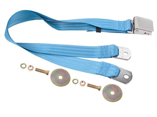 SEAT BELT, Lap, Classic Look, Light Blue belt w/ chrome lift latch buckle, 74 inch length, sold per seat, incl mounting hardware, does not work w/ 3-point or shoulder harness, replacement style lap belt, not OE exact