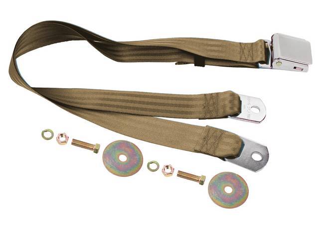 SEAT BELT, Lap, Classic Look, Dark Tan belt w/ chrome lift latch buckle, 74 inch length, sold per seat, incl mounting hardware, does not work w/ 3-point or shoulder harness, replacement style lap belt, not OE exact