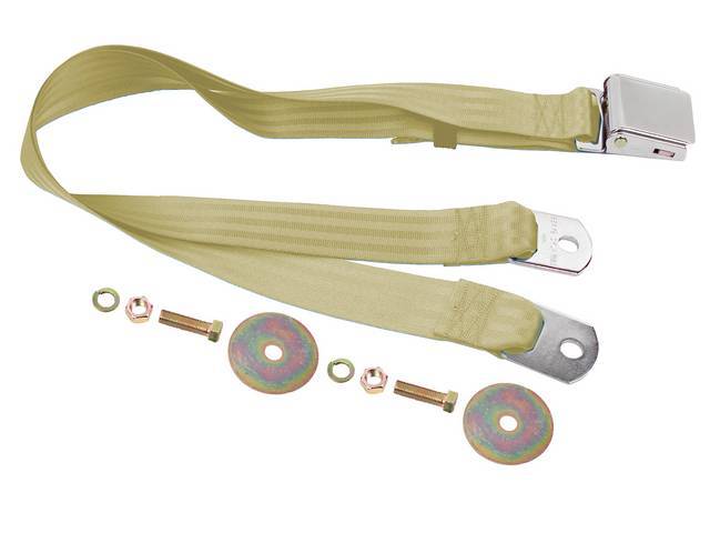 SEAT BELT, Lap, Classic Look, Light Tan belt w/ chrome lift latch buckle, 74 inch length, sold per seat, incl mounting hardware, does not work w/ 3-point or shoulder harness, replacement style lap belt, not OE exact