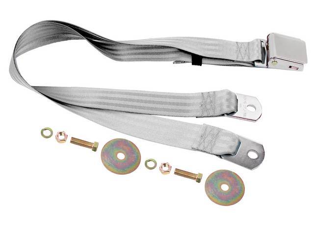 SEAT BELT, Lap, Classic Look, Light Gray belt w/ chrome lift latch buckle, 74 inch length, sold per seat, incl mounting hardware, does not work w/ 3-point or shoulder harness, replacement style lap belt, not OE exact