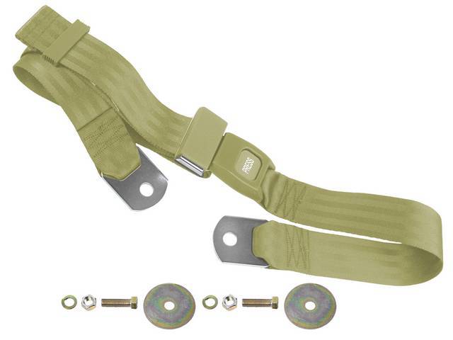 SEAT BELT, Lap, Push Button Style, Tan belt w/ black buckle receptacle, 60 inch length, sold per seat, incl mounting hardware, does not work w/ 3-point or shoulder harness, replacement style lap belt, not OE exact