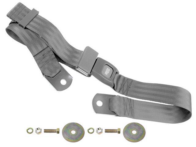 SEAT BELT, Lap, Push Button Style, Gray belt w/ black buckle receptacle, 60 inch length, sold per seat, incl mounting hardware, does not work w/ 3-point or shoulder harness, replacement style lap belt, not OE exact
