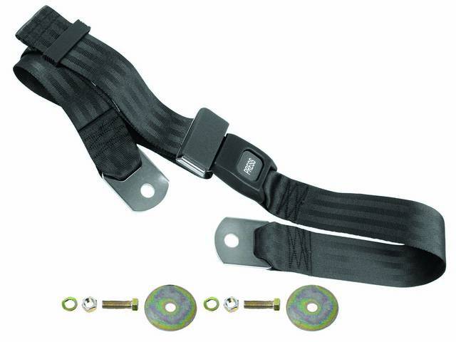 SEAT BELT, Lap, Push Button Style, Black belt w/ black buckle receptacle, 74 inch length, sold per seat, incl mounting hardware, does not work w/ 3-point or shoulder harness, replacement style lap belt, not OE exact