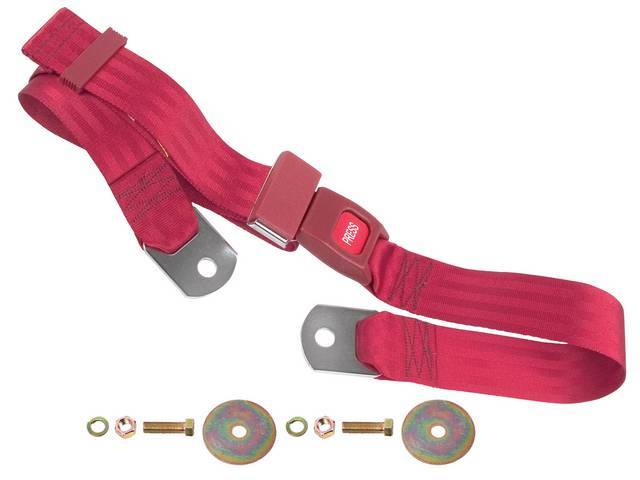 SEAT BELT, Lap, Push Button Style, Red belt w/ black buckle receptacle, 74 inch length, sold per seat, incl mounting hardware, does not work w/ 3-point or shoulder harness, replacement style lap belt, not OE exact