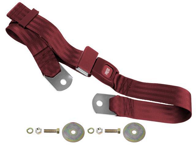 SEAT BELT, Lap, Push Button Style, Maroon belt w/ black buckle receptacle, 74 inch length, sold per seat, incl mounting hardware, does not work w/ 3-point or shoulder harness, replacement style lap belt, not OE exact