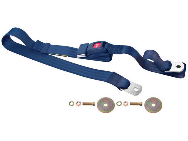 SEAT BELT, Lap, Push Button Style, Navy Blue belt w/ black buckle receptacle, 74 inch length, sold per seat, incl mounting hardware, does not work w/ 3-point or shoulder harness, replacement style lap belt, not OE exact