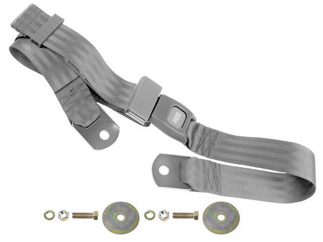SEAT BELT, Lap, Push Button Style, Gray belt w/ black buckle receptacle, 74 inch length, sold per seat, incl mounting hardware, does not work w/ 3-point or shoulder harness, replacement style lap belt, not OE exact