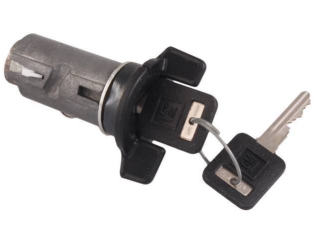 Ignition Cylinder and Keys, W/ black covered later style square GM key, reproduction