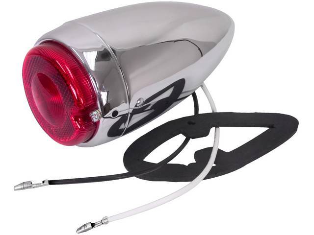 Tail Light Assembly, Bullet Style, Chrome, Incl gasket, housing, lens and wire leads, reproduction