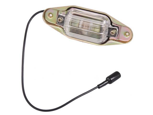 Rear License Plate Light Assembly, incl lens, zinc finish housing and wiring w/ connector, reproduction