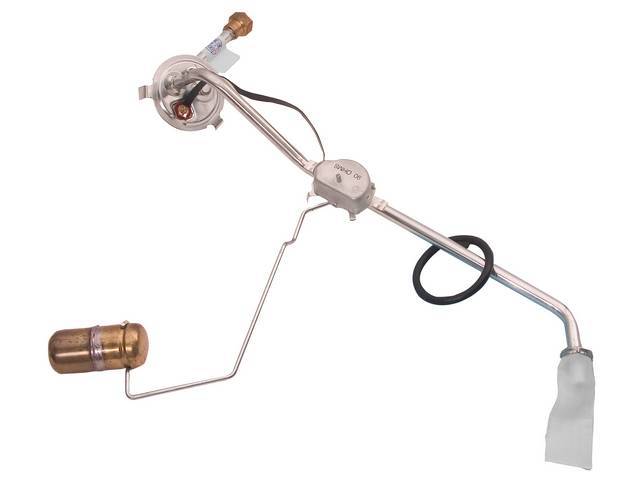 Fuel Sending Unit, 3/8 inch O.D. feed line, W/ brass fitting, incl gasket, and filter sock, 0-90 ohm, Imported repro