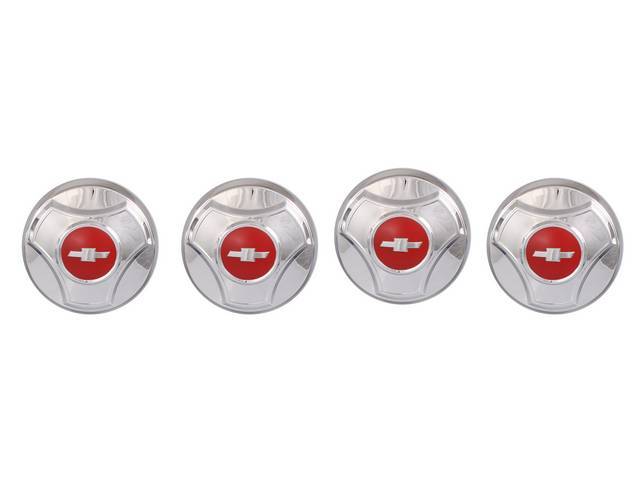 Hub Cap Set, incl Chevrolet *Bowtie* logo w/ orange accents, chrome finish, (4), GM Restoration Parts Reproduction