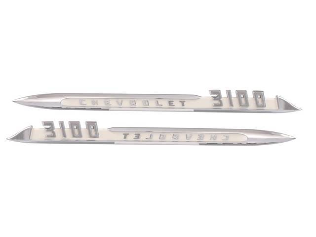 Front Fender Emblem Set, *CHEVROLET 3100*, chrome w/ white painted details, includes fasteners, GM Restoration Parts Reproduction