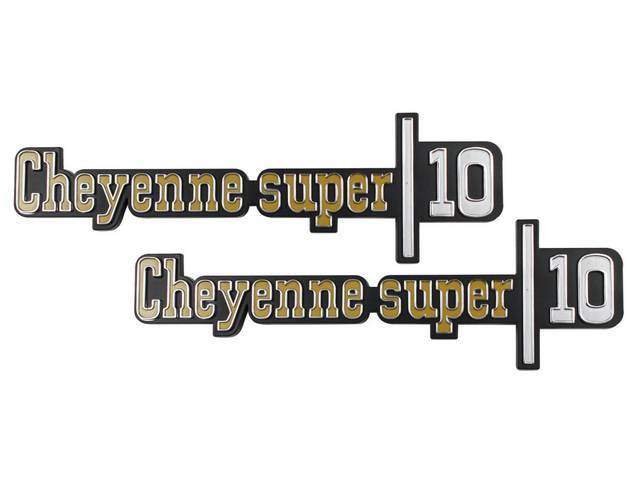 Front Fender Emblems, *CHEYENNE SUPER/10*, Pair, Includes fasteners, reproduction for (73-76)