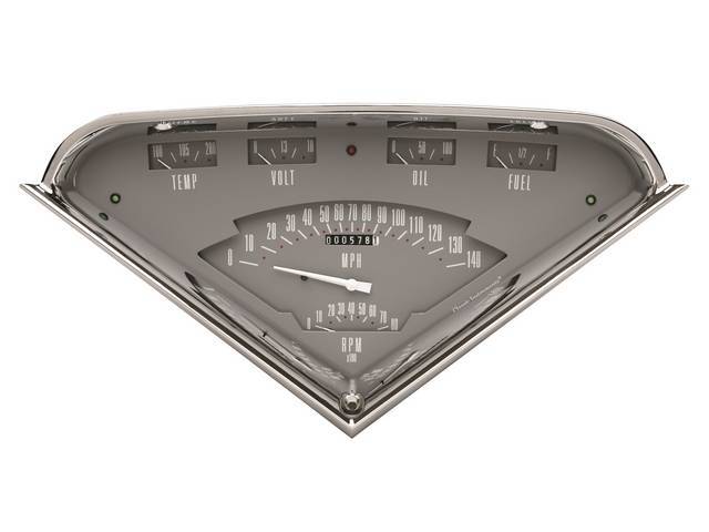 GAUGE KIT, Classic Instruments, Tach Force Gray (gauge has white *pool cue* pointer w/ white and red markings on a gray face), 1-piece dual layer gauge incl 140 mph speedometer, 8000 RPM tachometer, and fuel, oil, temperature and volt gauges, LED turn sig