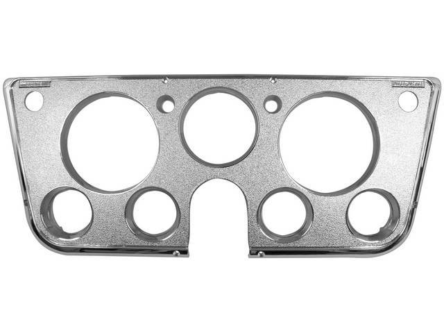 Dash / Instrument Bezel Assembly, 7 cutouts for gauges, pebble grain face w/ smooth accents in chrome finish, repro