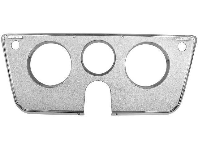 Dash / Instrument Bezel Assembly, w/ 3 cutouts for gauges, pebble grain face w/ smooth accents in chrome, repro