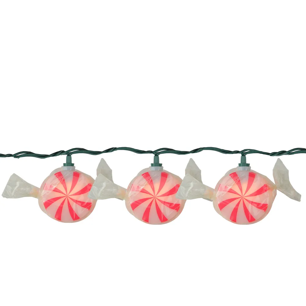 10-Count Red and White Peppermint Twist Candy Christmas Light Set, 10ft Green Wire
