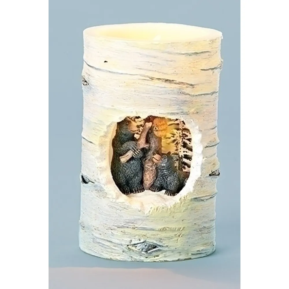 Pack of 4 Black Bear and Birchwood Look LED Lighted Decorative Pillar Candles 5″