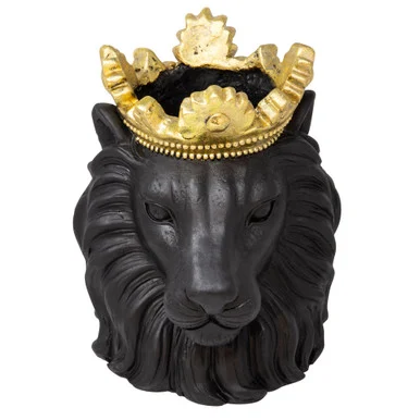 Lion Face Planter with Crown – 9″ – Black and Gold